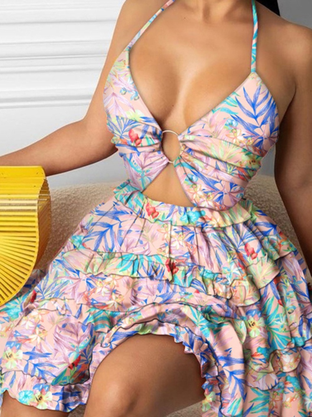 Colorful Print Halter Neck Ruffle Mini Dress - Picture 10 of 16